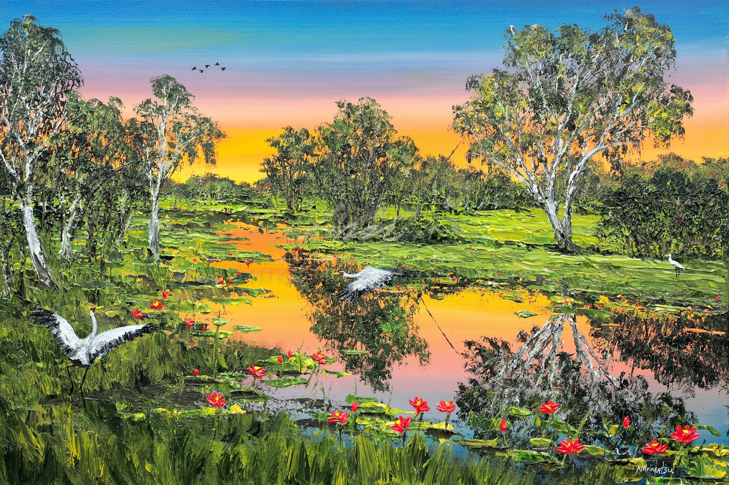 A landscape painting of Yellow Water Billabong at sunrise